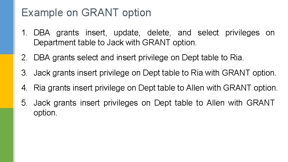 Example on GRANT option 1. DBA grants insert, update, delete, and select privileges on