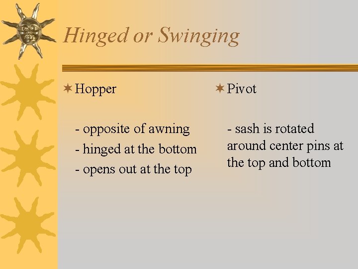 Hinged or Swinging ¬ Hopper - opposite of awning - hinged at the bottom