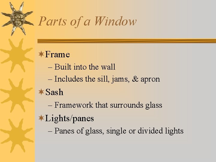 Parts of a Window ¬Frame – Built into the wall – Includes the sill,