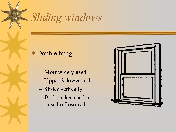 Sliding windows ¬ Double hung – – Most widely used Upper & lower sash