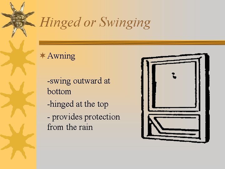Hinged or Swinging ¬ Awning -swing outward at bottom -hinged at the top -