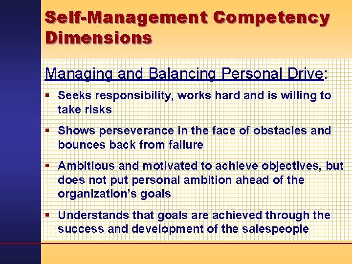 Self-Management Competency Dimensions Managing and Balancing Personal Drive: § Seeks responsibility, works hard and
