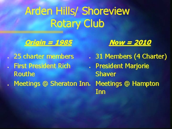 Arden Hills/ Shoreview Rotary Club Origin = 1985 n n n Now = 2010