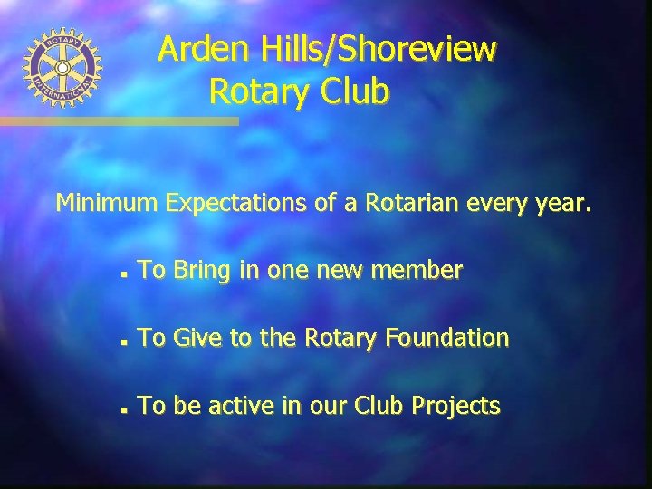 Arden Hills/Shoreview Rotary Club Minimum Expectations of a Rotarian every year. n To Bring