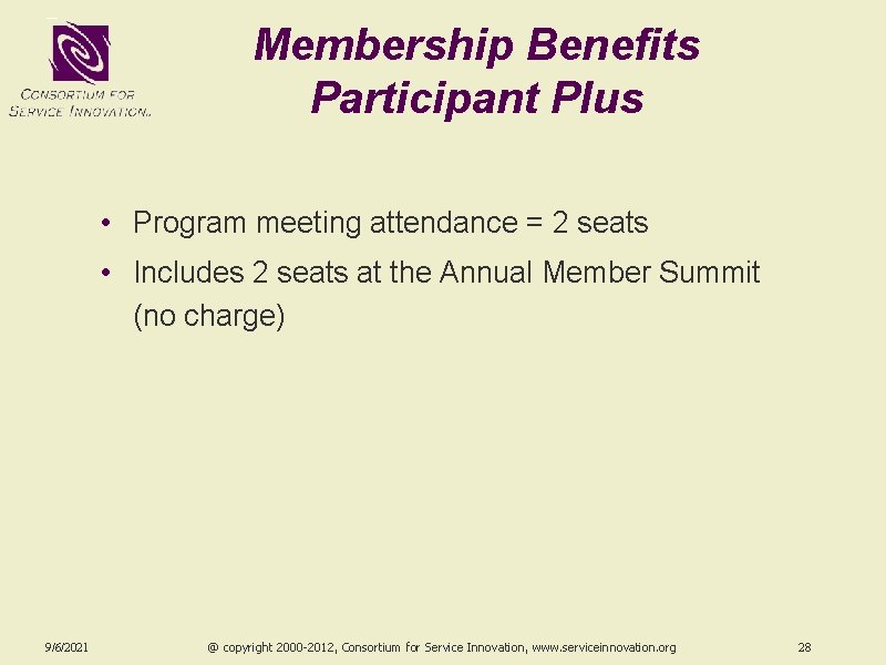 Membership Benefits Participant Plus • Program meeting attendance = 2 seats • Includes 2