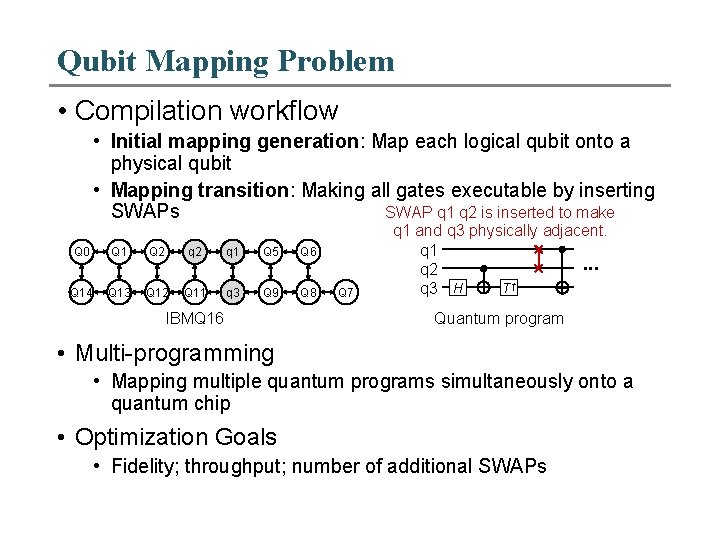 Qubit Mapping Problem • Compilation workflow • Initial mapping generation: Map each logical qubit