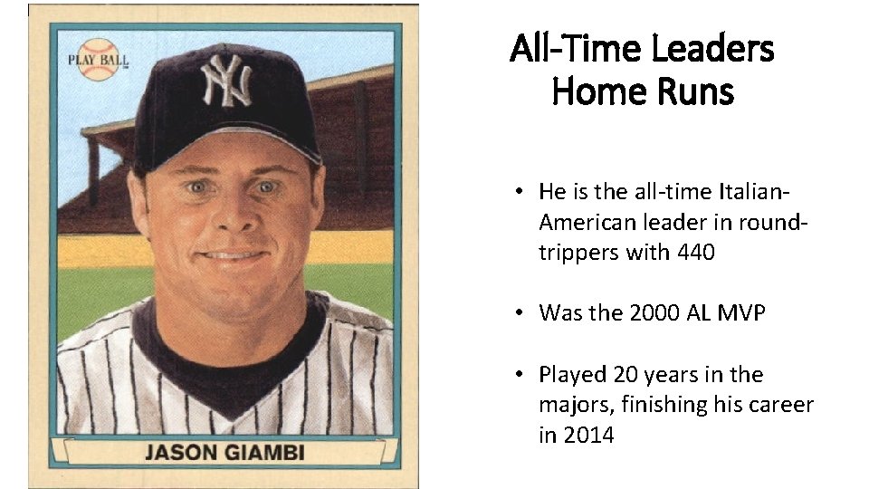 All-Time Leaders Home Runs • He is the all-time Italian. American leader in roundtrippers