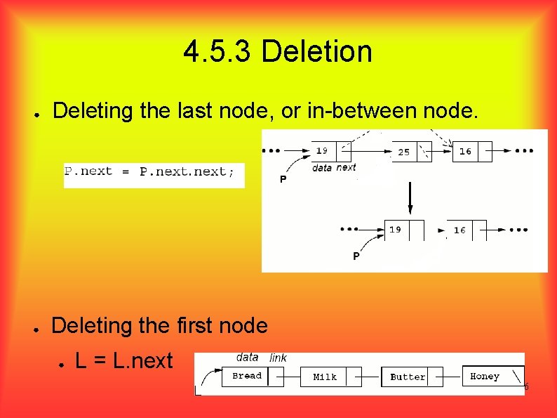 4. 5. 3 Deletion ● Deleting the last node, or in-between node. ● Deleting