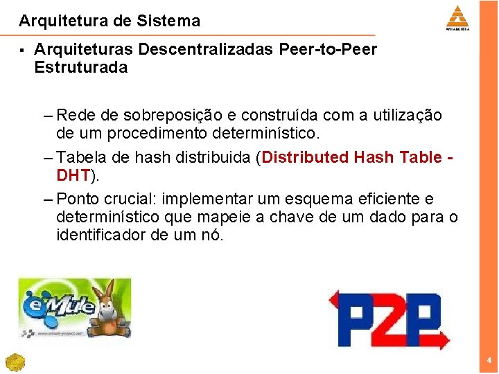 Arquitetura de Sistema § Arquiteturas Descentralizadas Peer-to-Peer Estruturada – Rede de sobreposição e construída