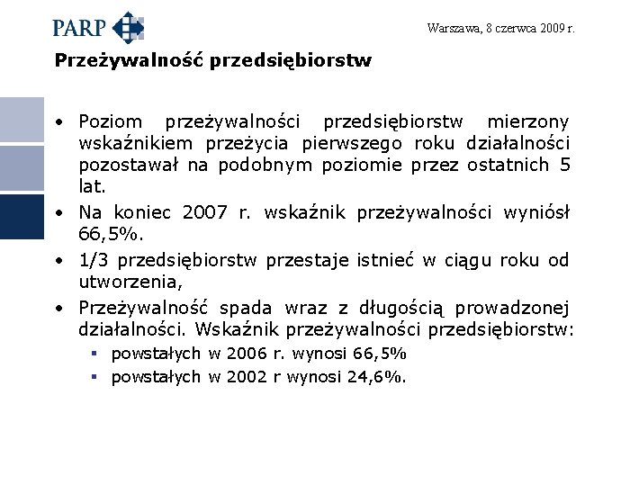 Warszawa, 8 czerwca 2009 r. Przeżywalność przedsiębiorstw • Poziom przeżywalności przedsiębiorstw mierzony wskaźnikiem przeżycia