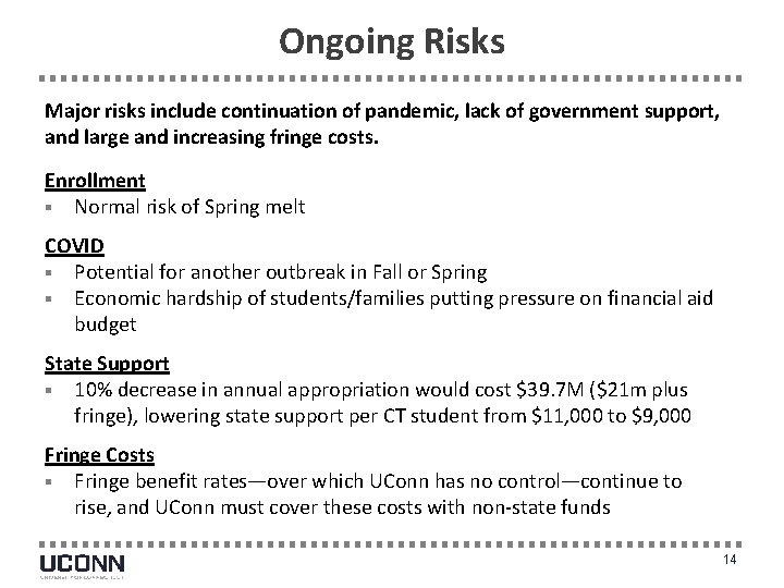 Ongoing Risks Major risks include continuation of pandemic, lack of government support, and large