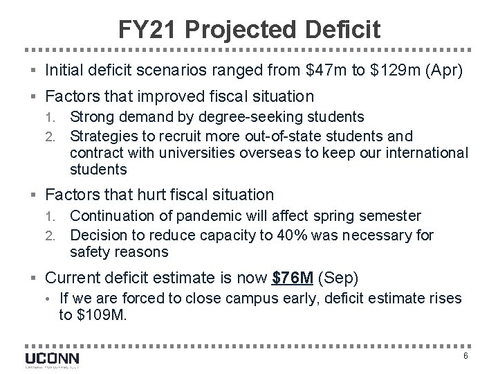 FY 21 Projected Deficit § Initial deficit scenarios ranged from $47 m to $129
