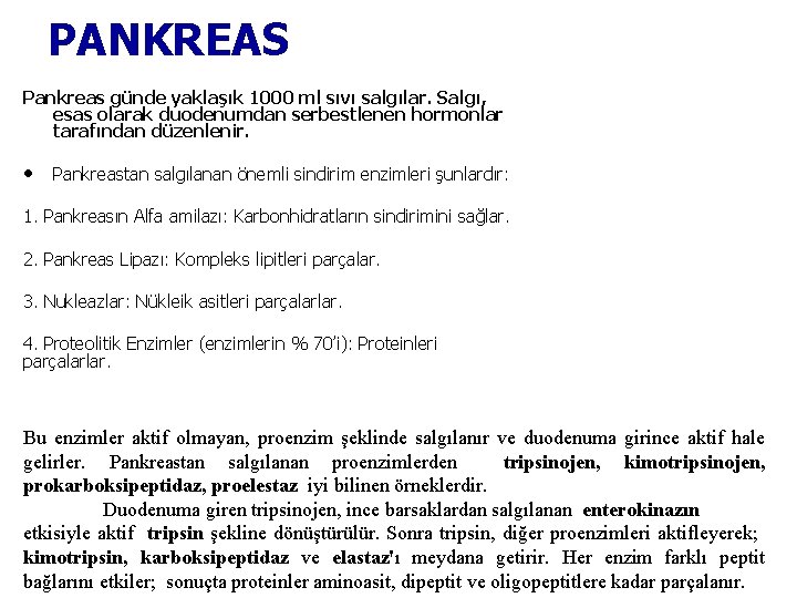 PANKREAS Pankreas günde yaklaşık 1000 ml sıvı salgılar. Salgı, esas olarak duodenumdan serbestlenen hormonlar