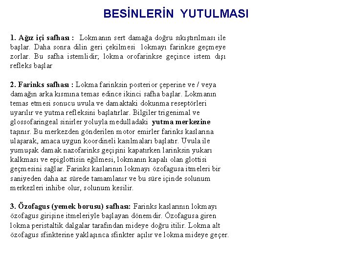 BESİNLERİN YUTULMASI 1. Ağız içi safhası : Lokmanın sert damağa doğru sıkıştırılması ile başlar.