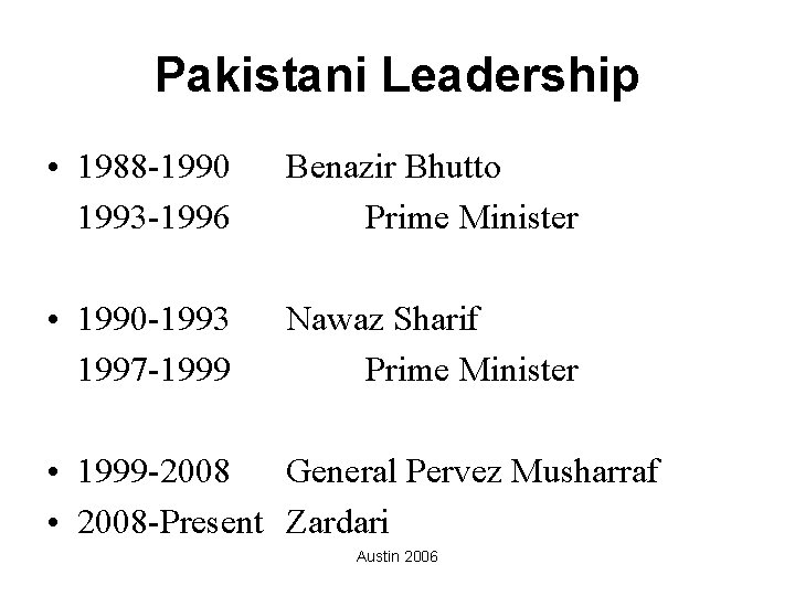 Pakistani Leadership • 1988 -1990 1993 -1996 Benazir Bhutto Prime Minister • 1990 -1993