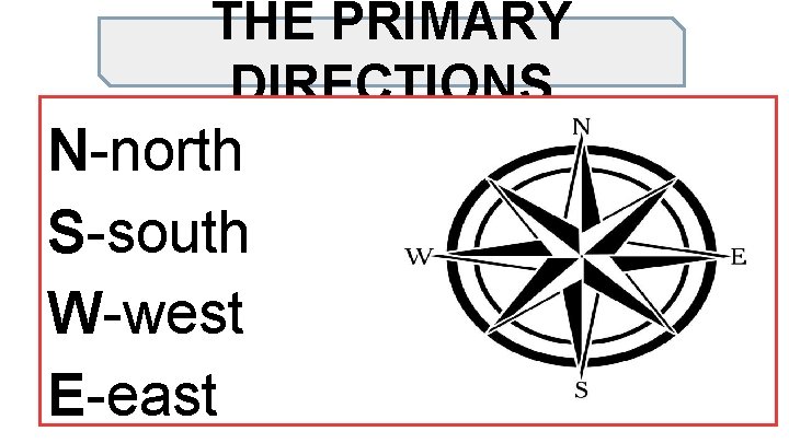 THE PRIMARY DIRECTIONS N-north S-south W-west E-east 