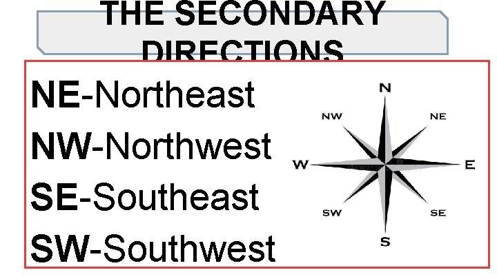 THE SECONDARY DIRECTIONS NE-Northeast NW-Northwest SE-Southeast SW-Southwest 