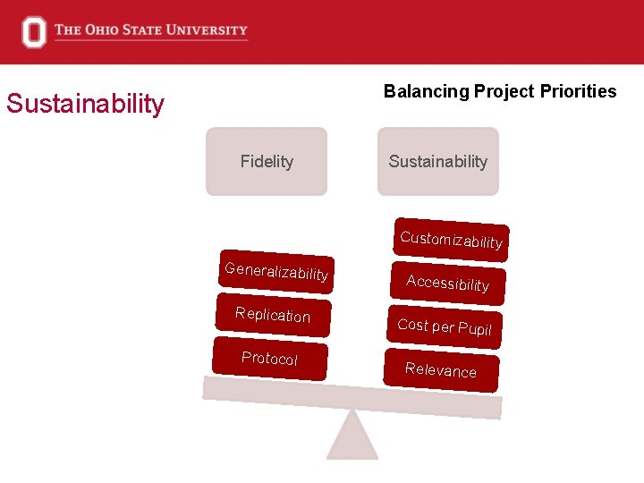 Balancing Project Priorities Sustainability Fidelity Sustainability Customizability Generalizability Replication Protocol Accessibility Cost per Pupil