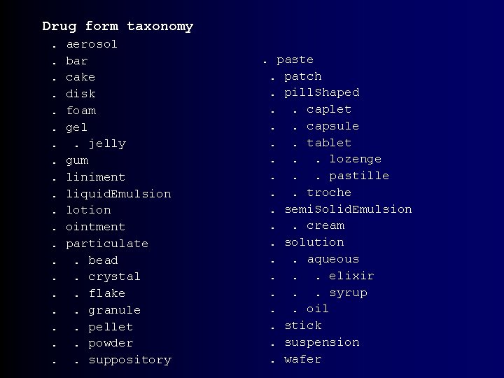 Drug form taxonomy. . . . . aerosol bar cake disk foam gel. jelly