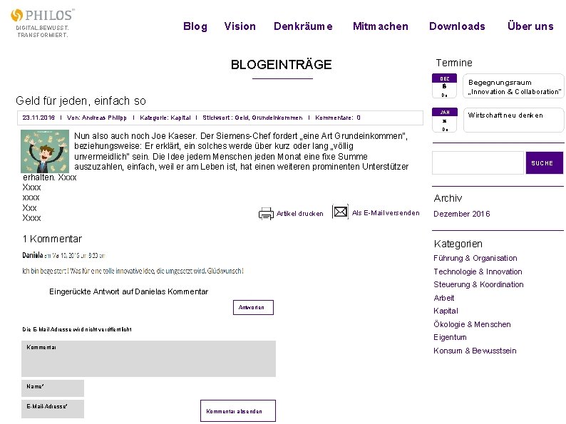 DIGITAL. BEWUSST. TRANSFORMIERT. Blog Vision Denkräume Mitmachen BLOGEINTRÄGE Downloads Termine DEZ 8 Do Geld