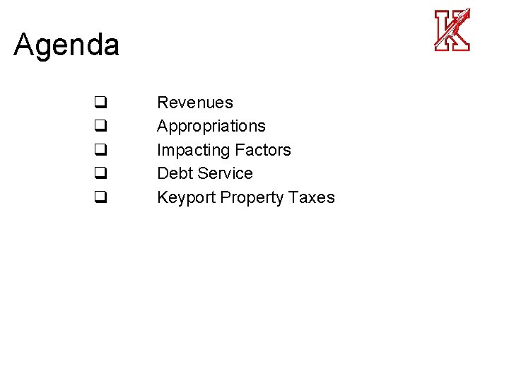 Agenda q q q Revenues Appropriations Impacting Factors Debt Service Keyport Property Taxes 