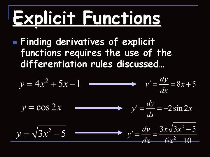 Explicit Functions n Finding derivatives of explicit functions requires the use of the differentiation