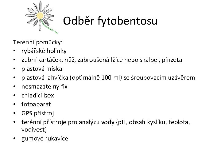 Odběr fytobentosu Terénní pomůcky: • rybářské holinky • zubní kartáček, nůž, zabroušená lžíce nebo