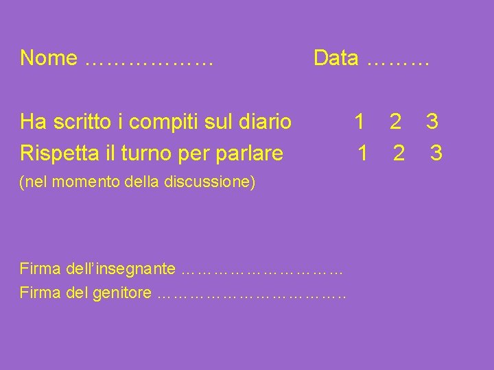 Nome ……………… Data ……… Ha scritto i compiti sul diario Rispetta il turno per