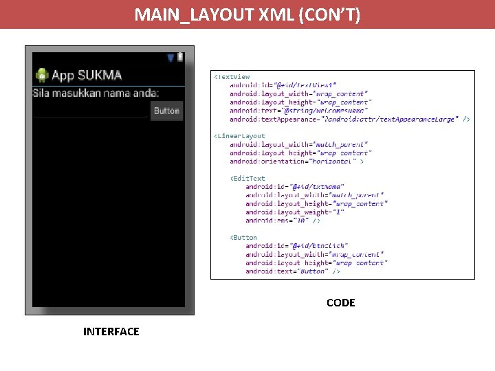 MAIN_LAYOUT XML (CON’T) CODE INTERFACE 