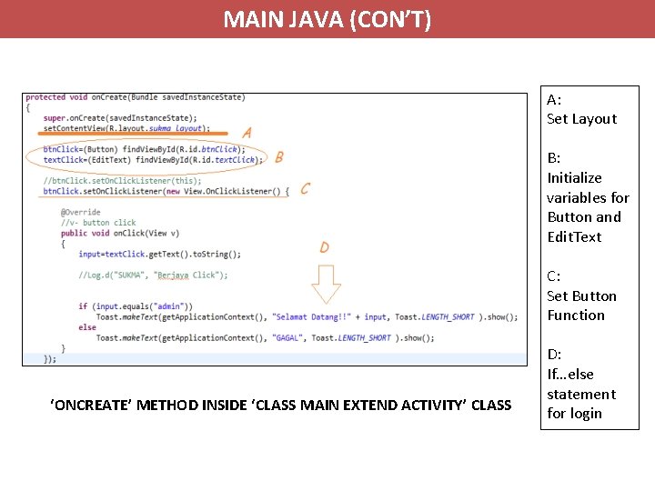 MAIN JAVA (CON’T) A: Set Layout B: Initialize variables for Button and Edit. Text