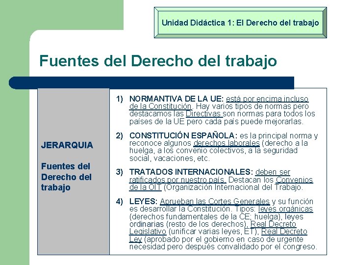 Unidad Didáctica 1: El Derecho del trabajo Fuentes del Derecho del trabajo 1) NORMANTIVA