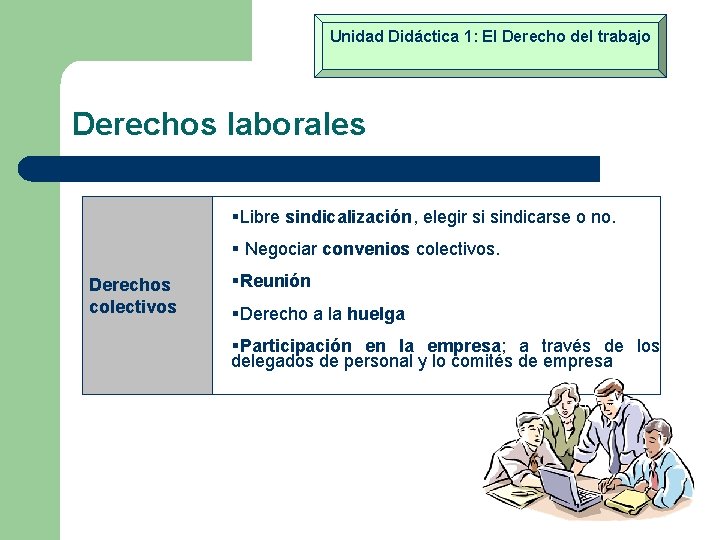 Unidad Didáctica 1: El Derecho del trabajo Derechos laborales §Libre sindicalización, elegir si sindicarse