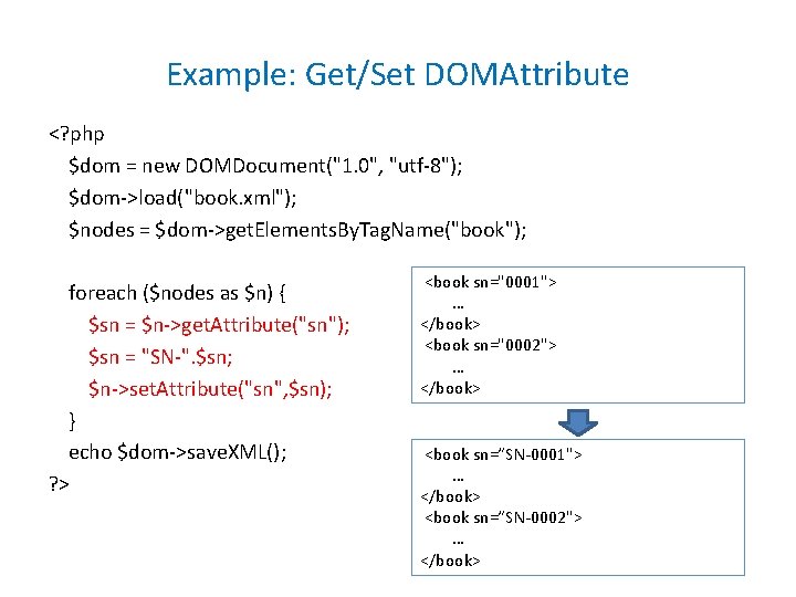 Example: Get/Set DOMAttribute <? php $dom = new DOMDocument("1. 0", "utf-8"); $dom->load("book. xml"); $nodes