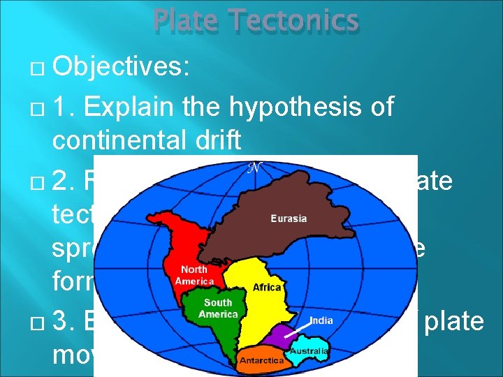 Plate Tectonics Objectives: 1. Explain the hypothesis of continental drift 2. Relate how theory