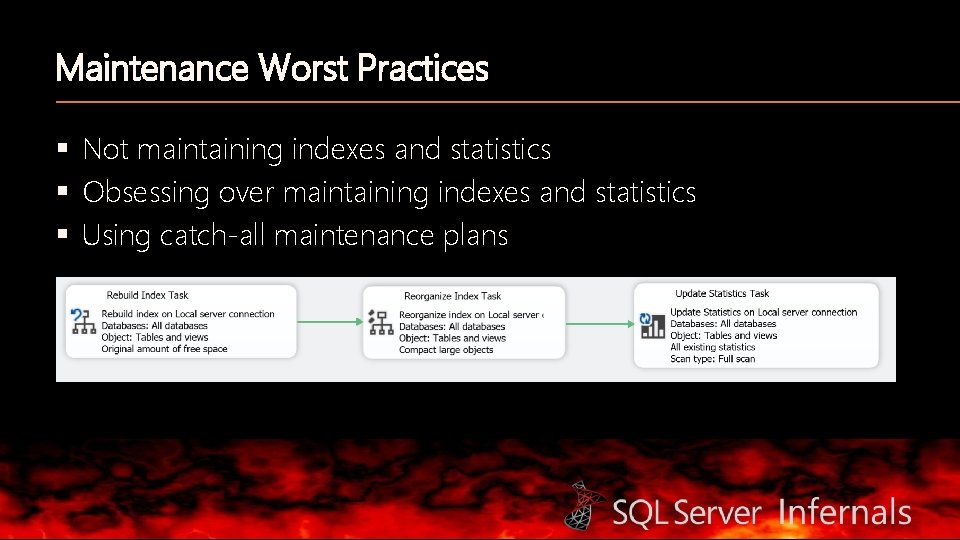 Maintenance Worst Practices § Not maintaining indexes and statistics § Obsessing over maintaining indexes