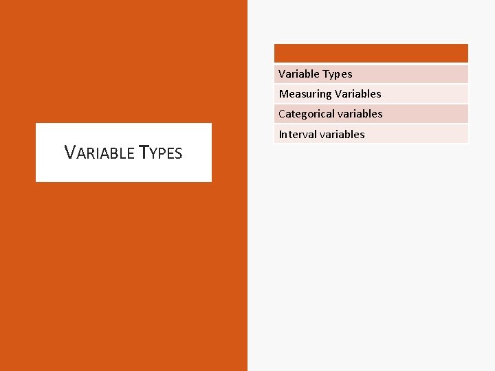 Variable Types Measuring Variables Categorical variables VARIABLE TYPES Interval variables 