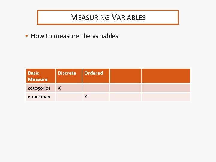 MEASURING VARIABLES • How to measure the variables Basic Measure Discrete categories X quantities