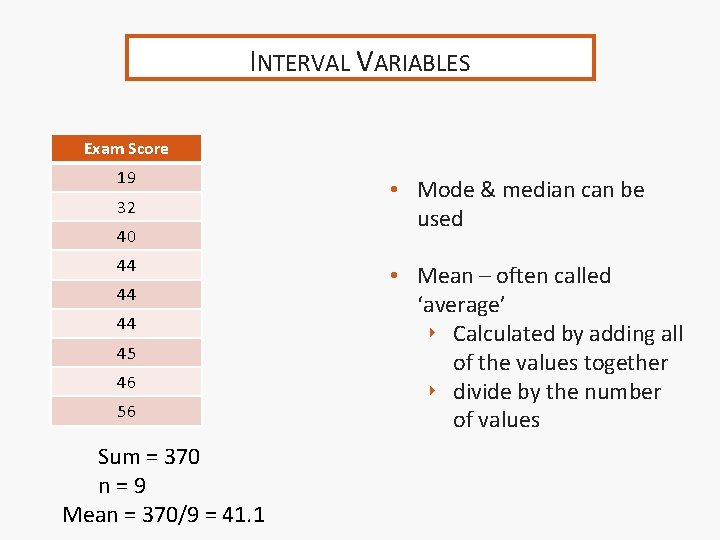 INTERVAL VARIABLES Exam Score 19 32 40 44 44 44 45 46 56 Sum