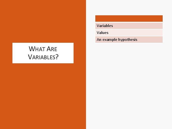 Variables Values An example hypothesis WHAT ARE VARIABLES? 