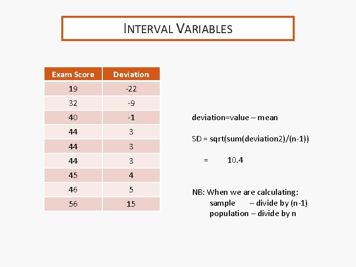 INTERVAL VARIABLES Exam Score Deviation 19 -22 32 -9 40 -1 44 3 45