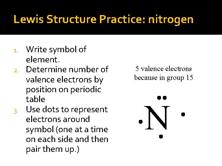 Lewis Structure Practice: nitrogen Write symbol of element. 2. Determine number of valence electrons
