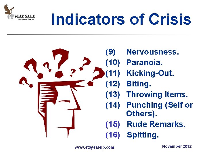 Indicators of Crisis (9) (10) (11) (12) (13) (14) Nervousness. Paranoia. Kicking-Out. Biting. Throwing