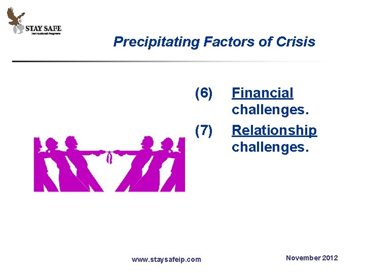 Precipitating Factors of Crisis (6) (7) www. staysafeip. com Financial challenges. Relationship challenges. November