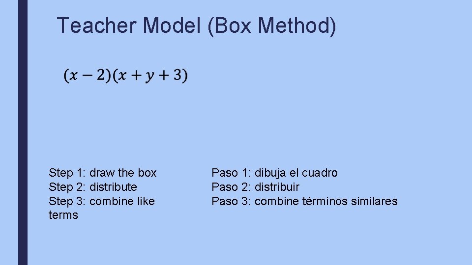 Teacher Model (Box Method) Step 1: draw the box Step 2: distribute Step 3: