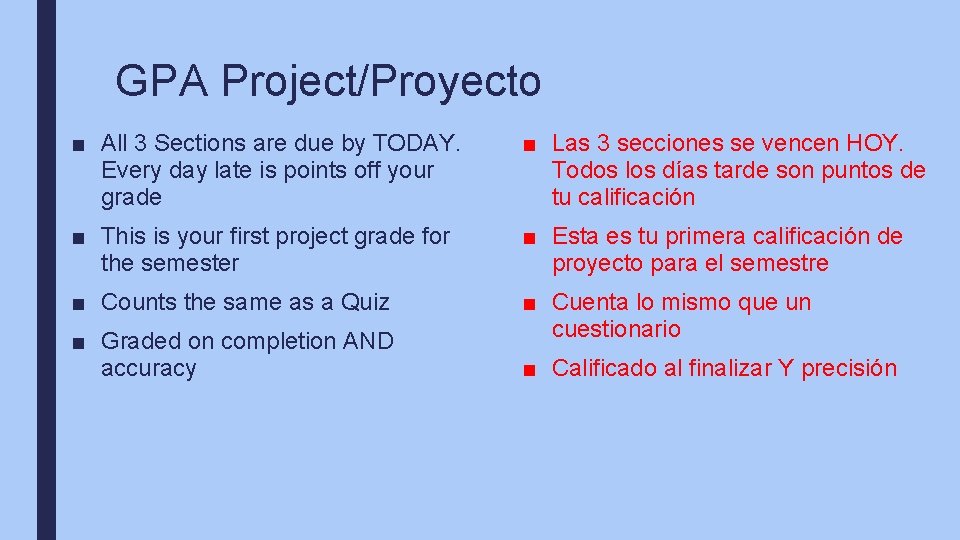 GPA Project/Proyecto ■ All 3 Sections are due by TODAY. Every day late is