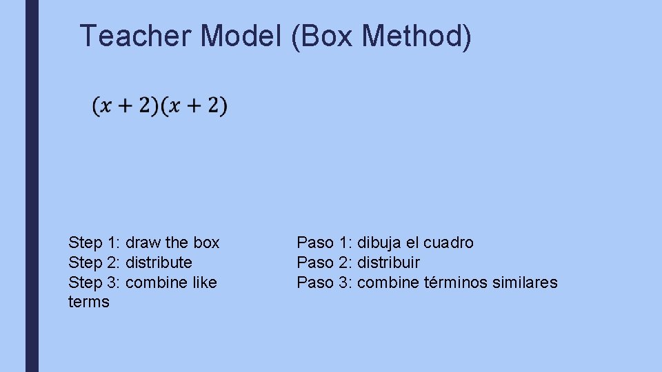 Teacher Model (Box Method) Step 1: draw the box Step 2: distribute Step 3: