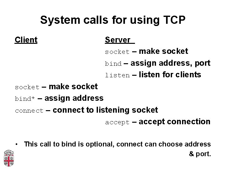 System calls for using TCP Client Server socket – make socket bind – assign