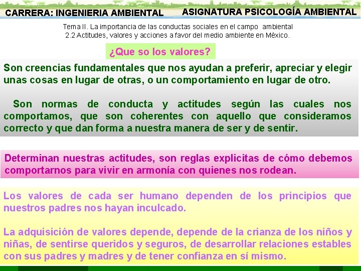 CARRERA: INGENIERIA AMBIENTAL ASIGNATURA PSICOLOGÍA AMBIENTAL Tema II. La importancia de las conductas sociales