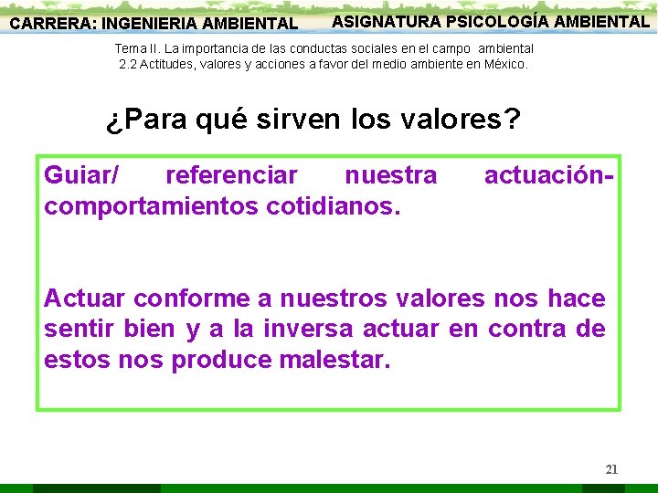 CARRERA: INGENIERIA AMBIENTAL ASIGNATURA PSICOLOGÍA AMBIENTAL Tema II. La importancia de las conductas sociales