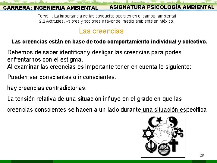 CARRERA: INGENIERIA AMBIENTAL ASIGNATURA PSICOLOGÍA AMBIENTAL Tema II. La importancia de las conductas sociales